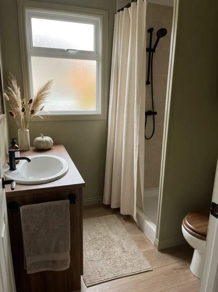 Neutral mobile home bathroom with one ivory pumpkin and pale dried botanicals among mushroom, walnut, and oatmeal tones.