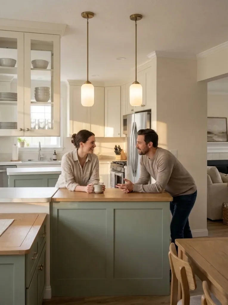 Small run of glass-front cream cabinets displaying everyday white dishes in an open kitchen.
