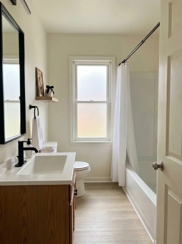 Side view of a small black bow on an ivory shelf vessel, with the bathroom sink visible farther away.