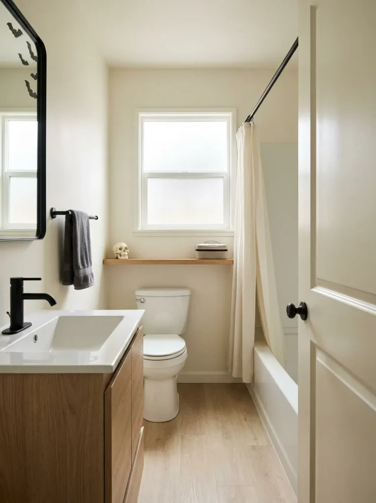Diagonal view of a small skull and toiletry box on a shallow shelf above the toilet.