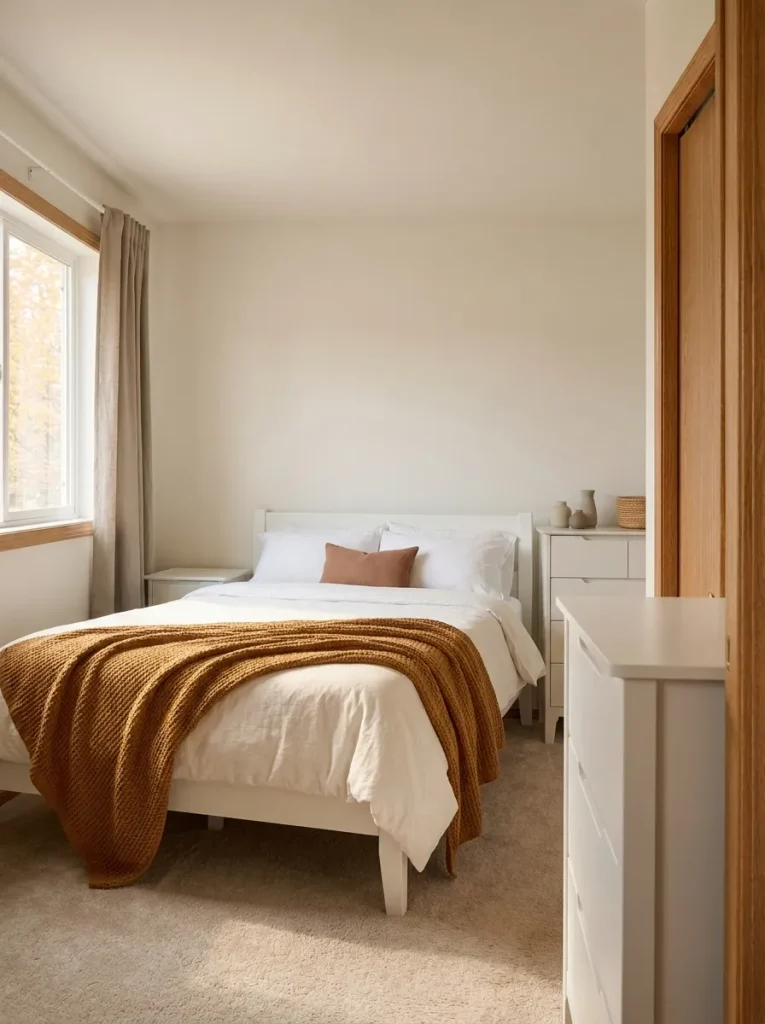 White bedroom furniture and bedding with an amber knitted throw and a muted-rust cushion.