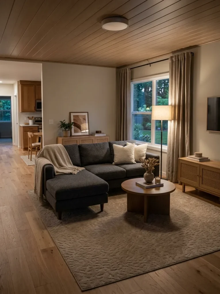 Charcoal sectional softened by oatmeal textiles, warm oak, beige rug and localized lamp light in a mobile home.