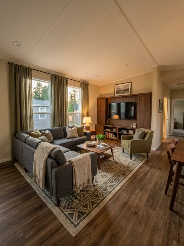 Mobile home living room balancing hard flooring and wall surfaces with curtains, a rug and upholstered furniture.