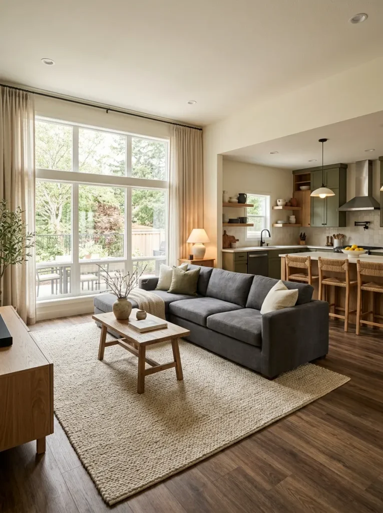 Open double-wide living and kitchen space balanced with a large rug, curtains, and upholstered seating.