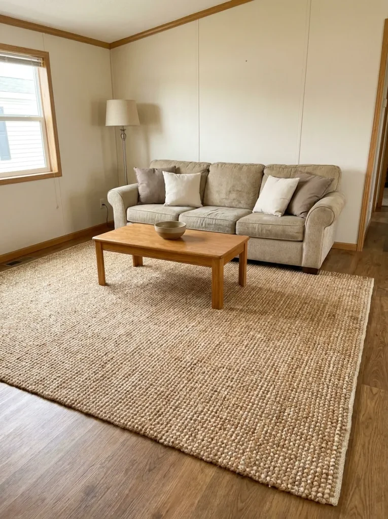 Modest mobile home living room where one substantial comfortable rug provides the main high-impact cozy upgrade.
