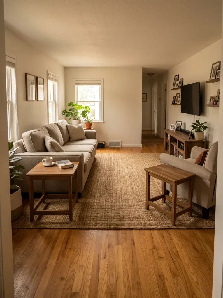 Narrow living room using two small movable tables in place of one large coffee table to free the central walking path.