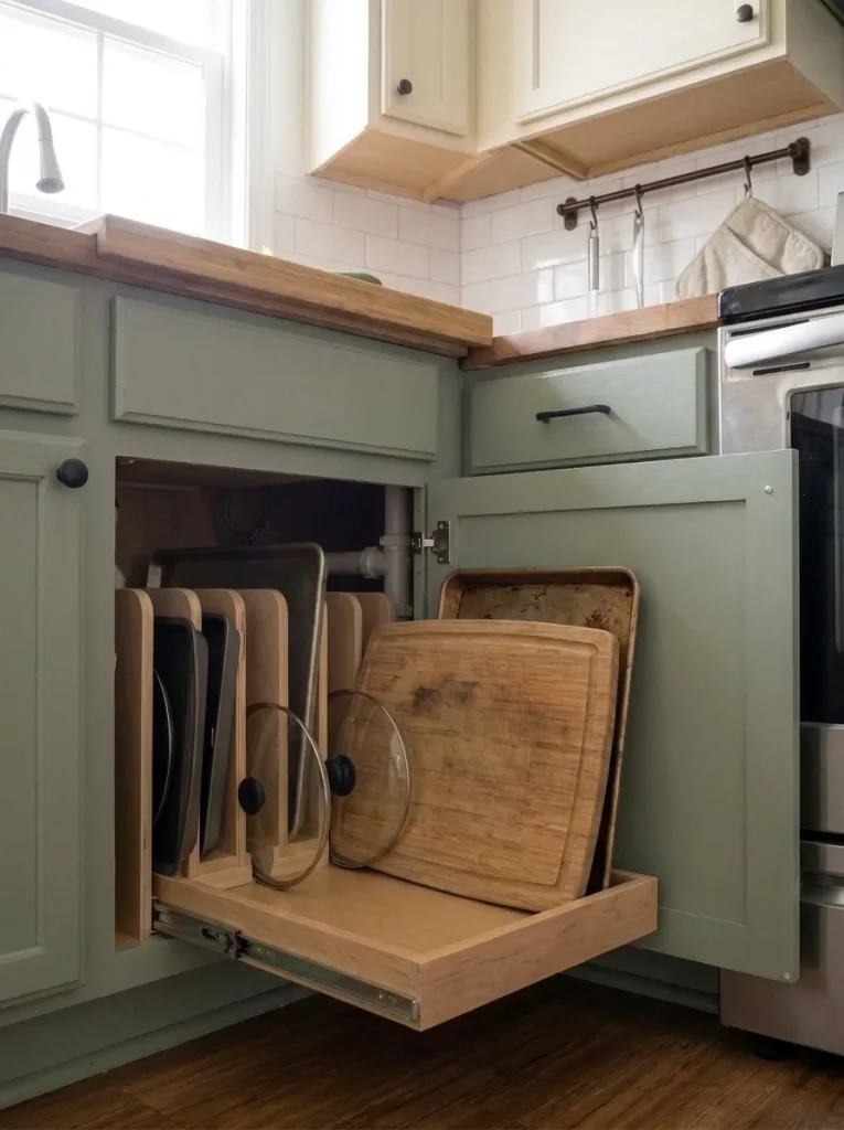 Cutting boards, trays, and lids stored upright in narrow dividers inside a lower sage kitchen cabinet.