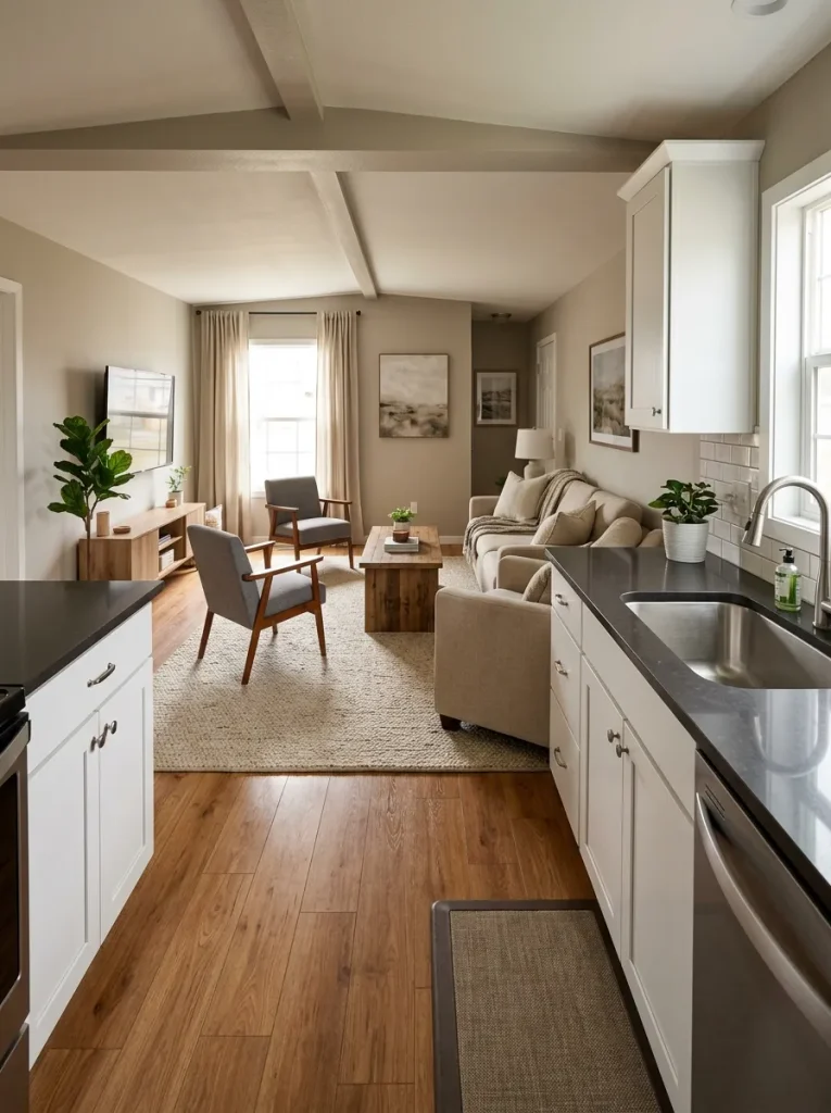 Open single-wide living room ending cleanly at the kitchen threshold with the rug and sofa contained inside the seating zone.
