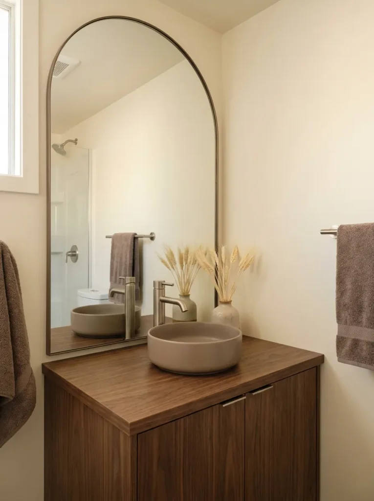 Mobile home vanity with two neutral fall accents visibly repeated in the arched mirror reflection.