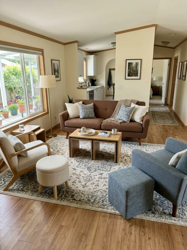 Mobile home living room in guest mode with compact stools added to the normal seating arrangement while the main walkway remains c
