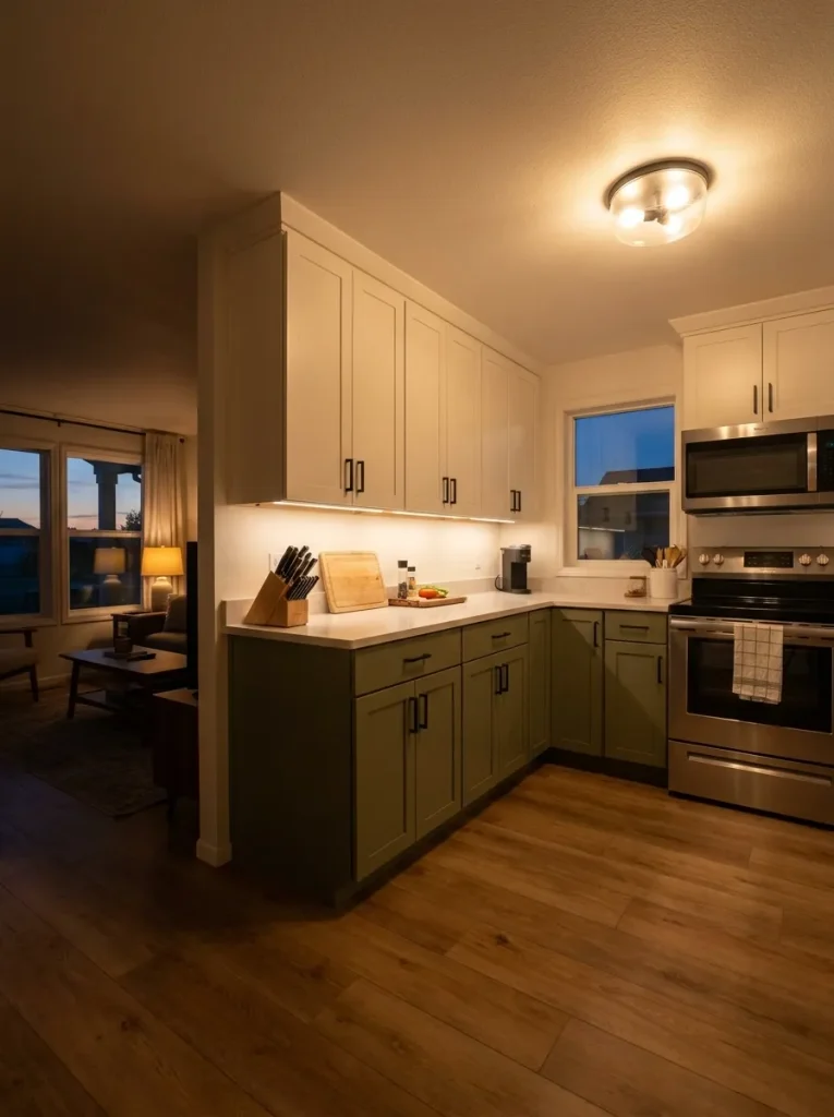 Mobile home kitchen at dusk with under-cabinet task lighting on the counters and softer ambient light above.