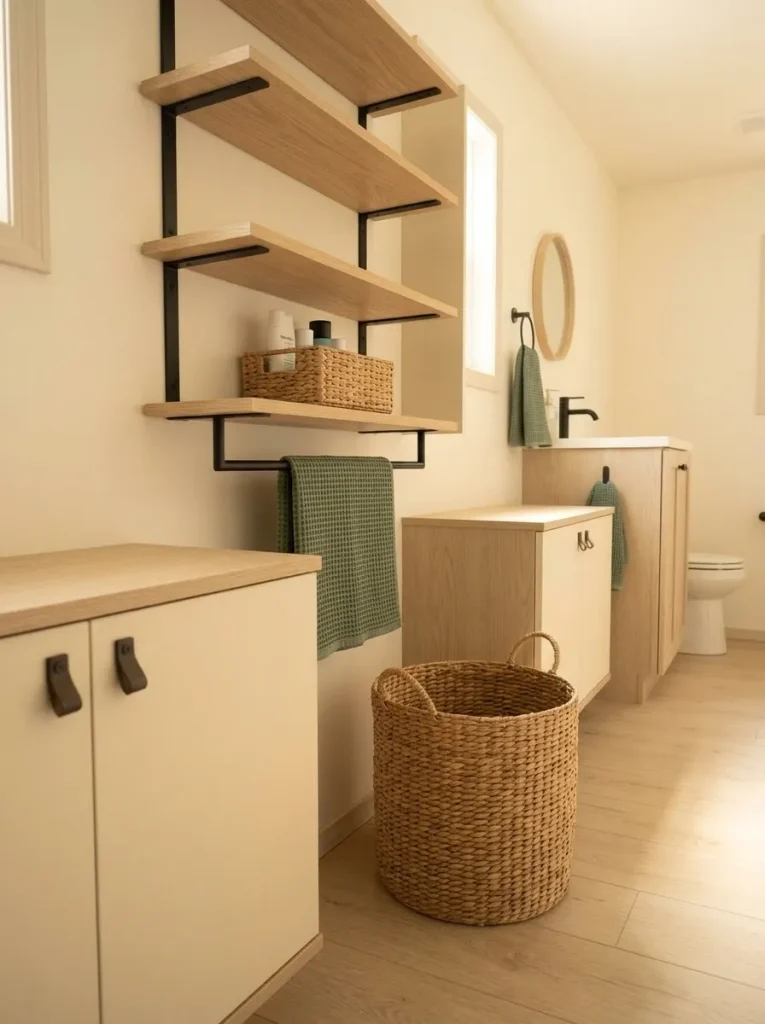 Stylish bathroom storage coordinated through warm wood, dark metal and woven natural fiber materials.