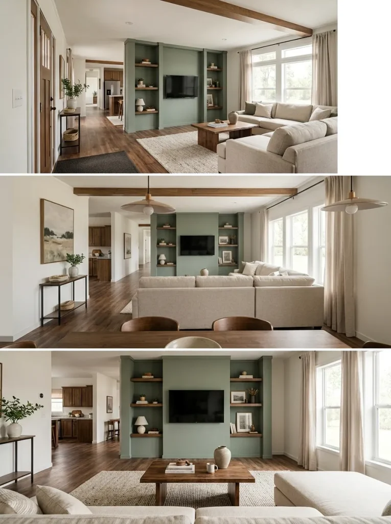 Three views of the same double-wide living room from the entry, kitchen and sofa showing a layout that remains visually coherent from
