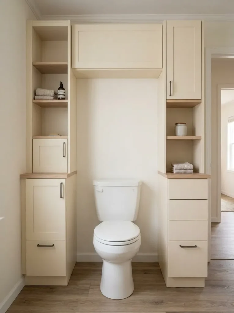 Over-toilet storage with narrow side cabinets and an open center in a compact manufactured-home bathroom.