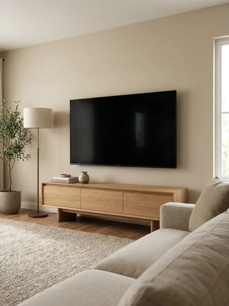 Mobile home media wall with the television switched off and visually grounded by a substantial console and restrained surrounding décor.