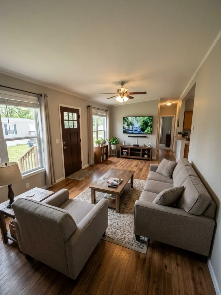 Narrow single-wide living room with the TV on an uninterrupted end wall while windows and the front door occupy the longer wall