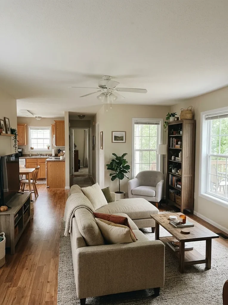 Tall storage cabinet positioned at the quiet end of a single-wide living room, away from the main passage to the kitchen.