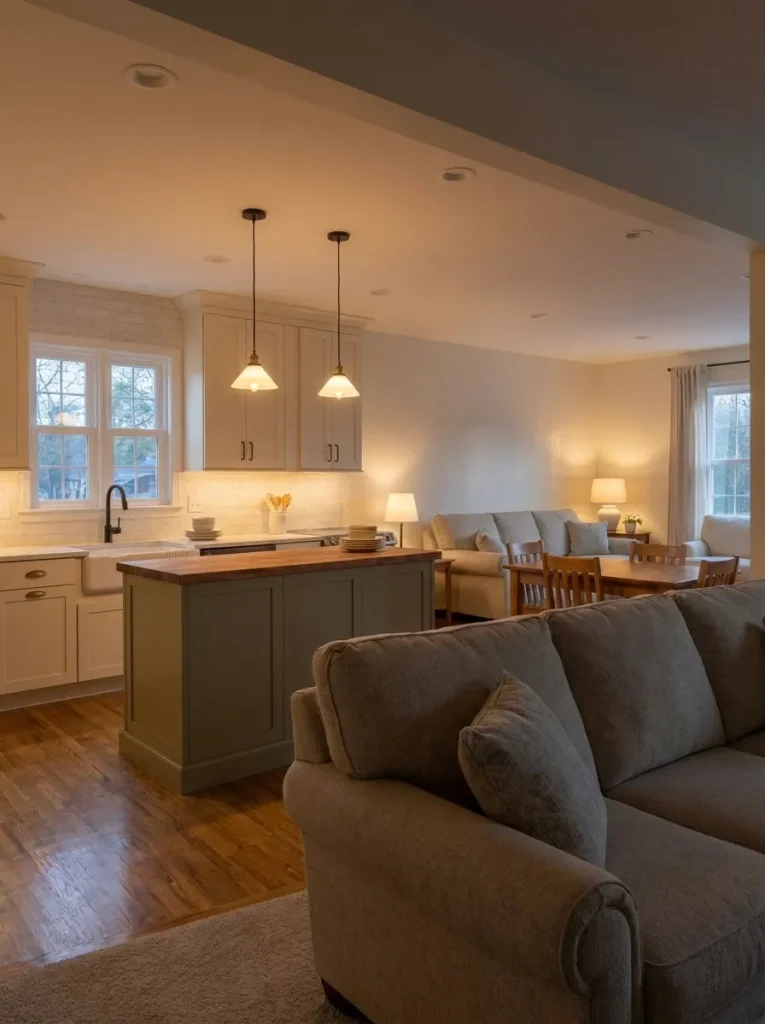 Soft under-cabinet kitchen lighting viewed from the living-room sofa without visible glare.