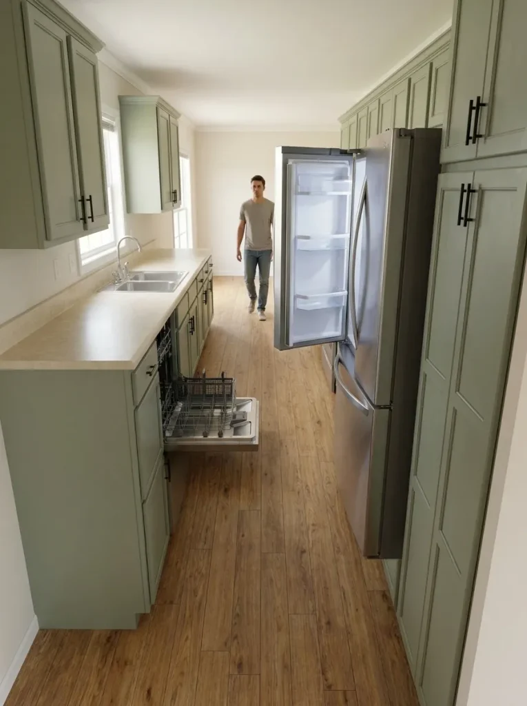 Open refrigerator and dishwasher doors projecting into the main walking route of a narrow single-wide kitchen.