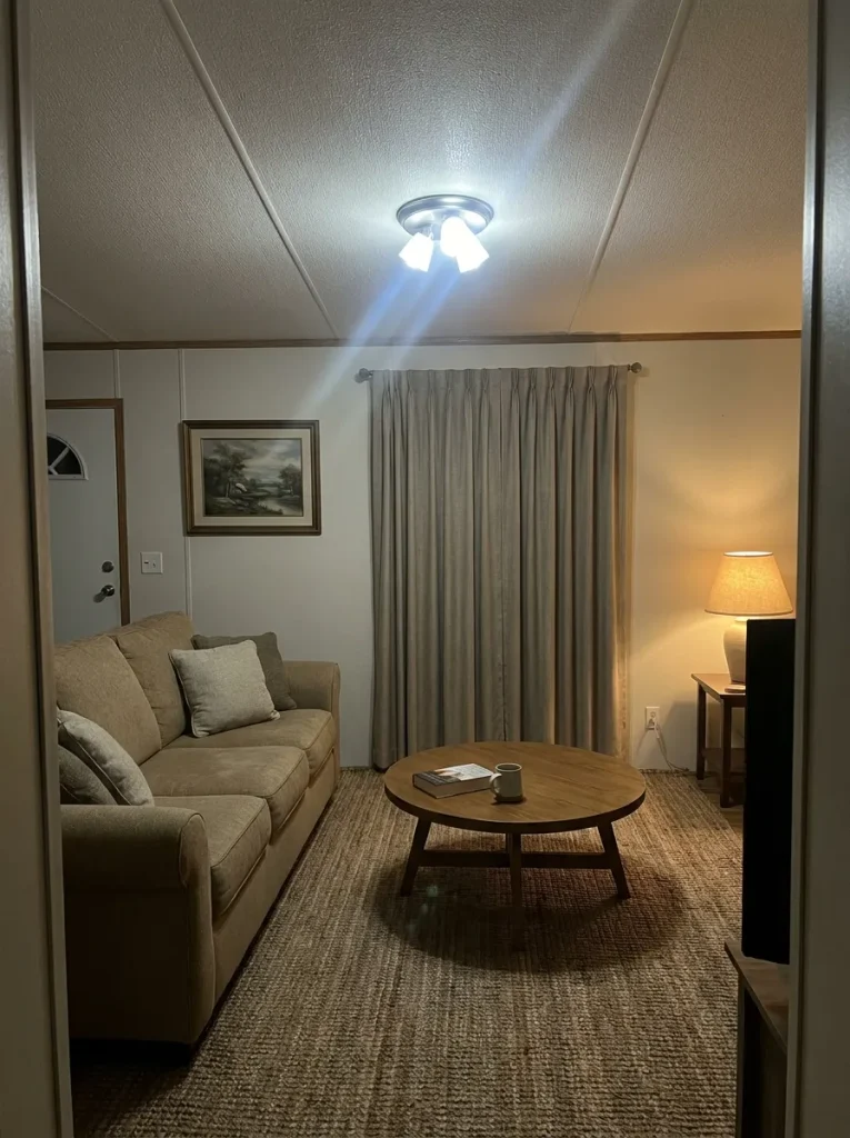 Cozy mobile home living room at night where a harsh ceiling light stands out as the first remaining comfort problem.