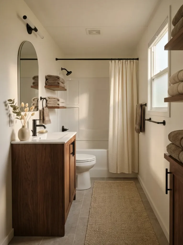 Finished neutral fall mobile home bathroom using ivory, mushroom, walnut, muted olive, and natural texture without obvious seasonal motifs.