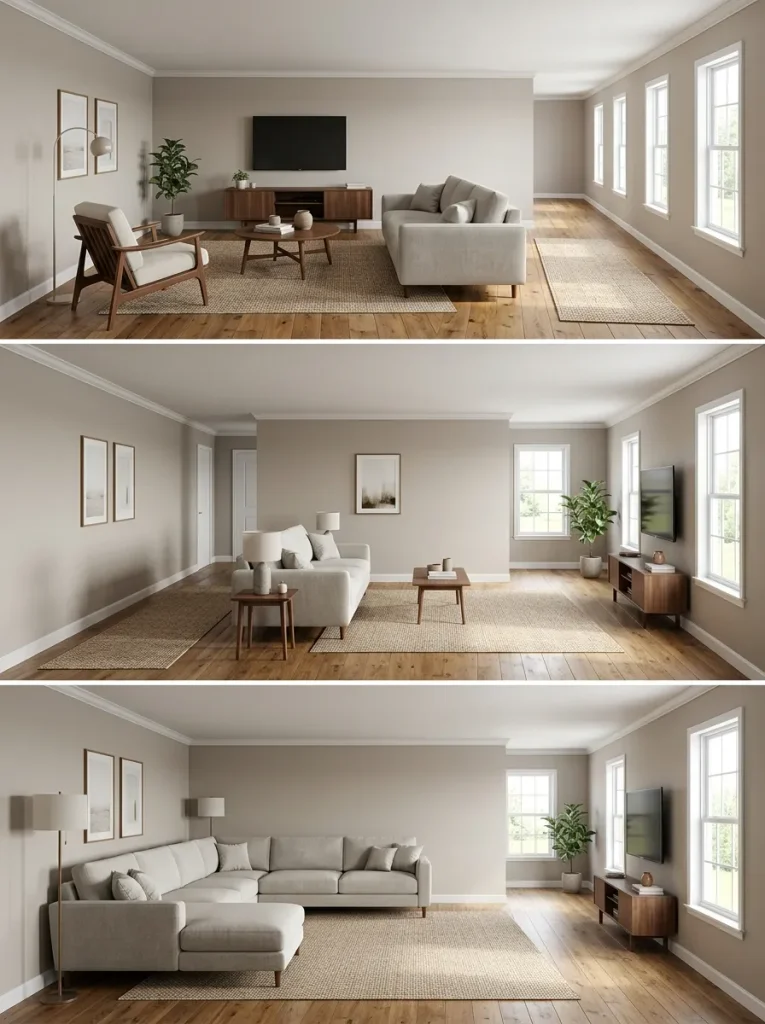 Three views of the same long single-wide living room comparing end-wall TV, opposing-wall seating, and sectional-with-side