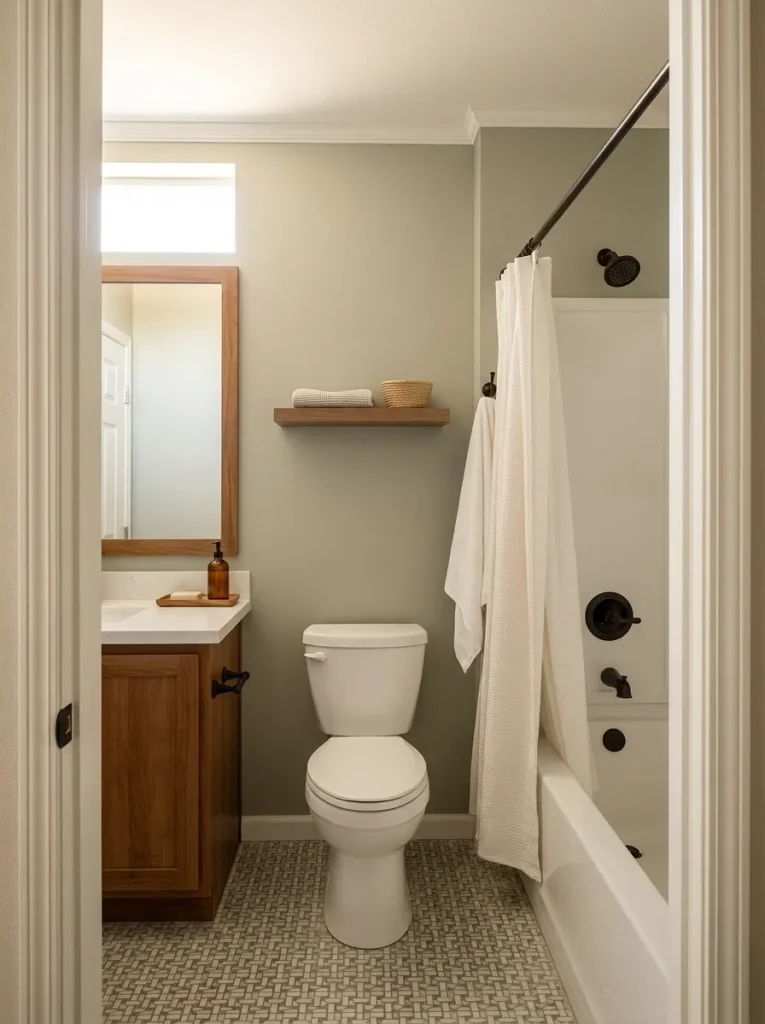 Full mobile home bathroom showing distinct sink, toilet-storage and wet zones with a clear walkway.