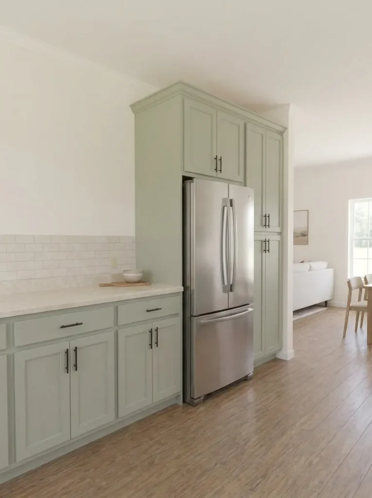 Refrigerator and tall pantry grouped at one end of a single-wide kitchen with a clear counter beside them.