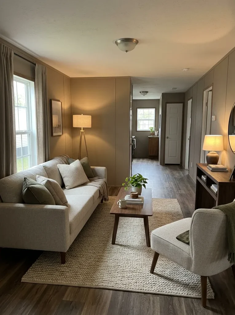 Long mobile home living room with one accent chair turned toward the sofa to create a more natural conversation