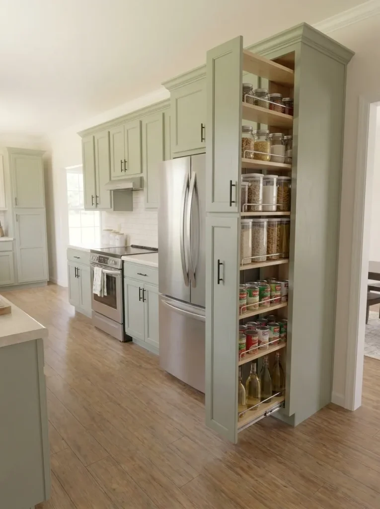 Slim pull-out pantry beside a refrigerator using a narrow vertical gap in a single-wide kitchen.