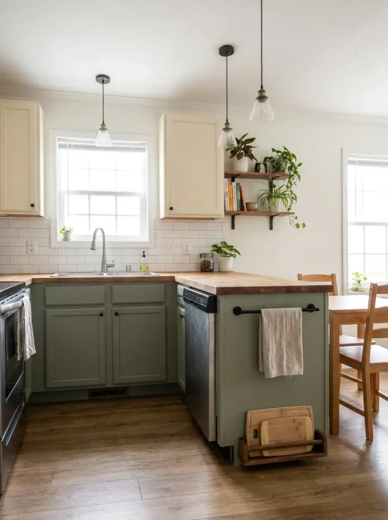 Shallow storage mounted on the exposed end of a sage base cabinet while the narrow kitchen walkway remains clear.