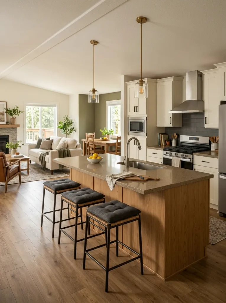 Warm wood kitchen island with stools linking the working kitchen to the open living area.