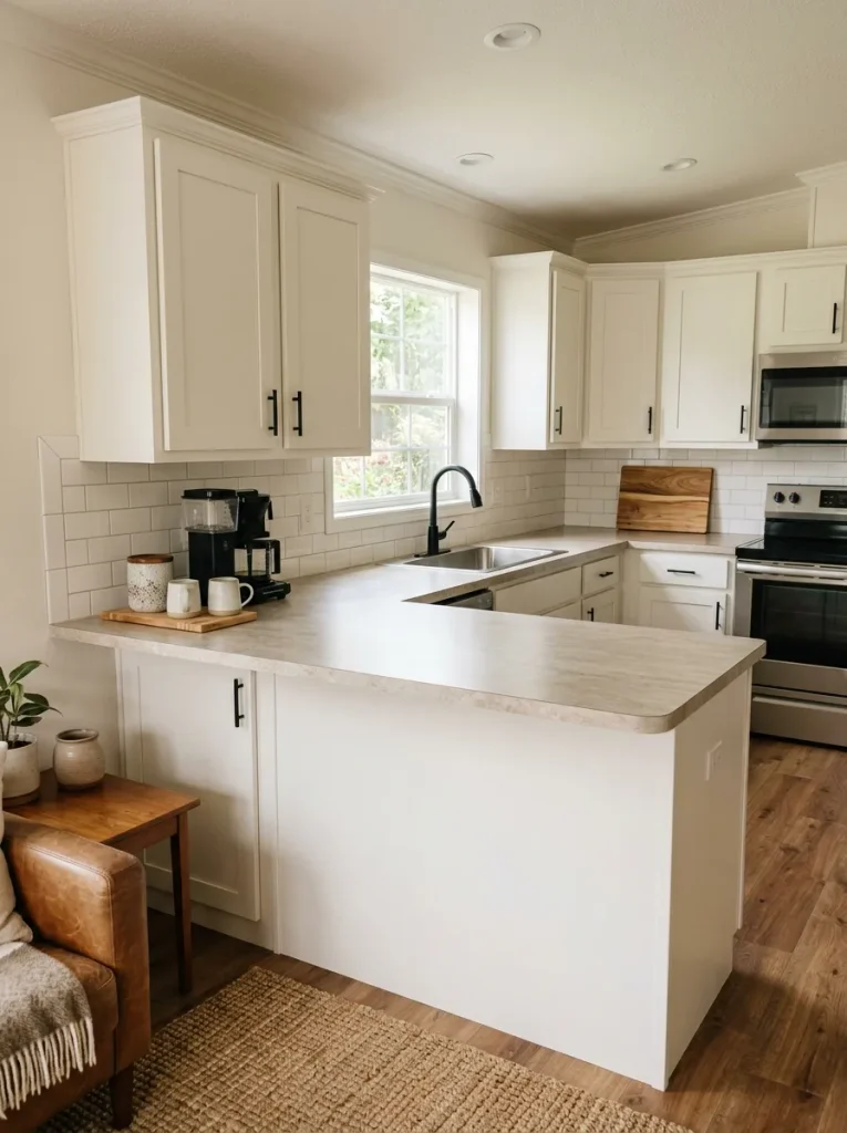 Open double-wide kitchen with one compact working station and a long section of uncluttered countertop visible from the living room.