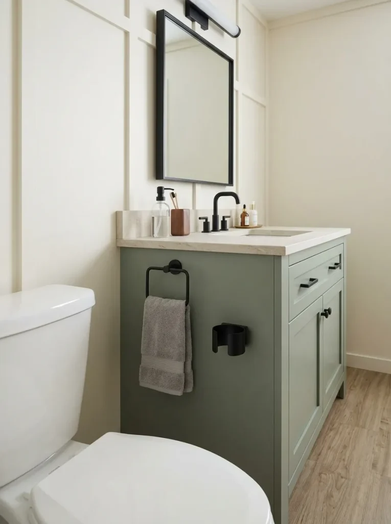 Compact mobile home vanity end panel used for a towel ring and small utility storage beside the sink.