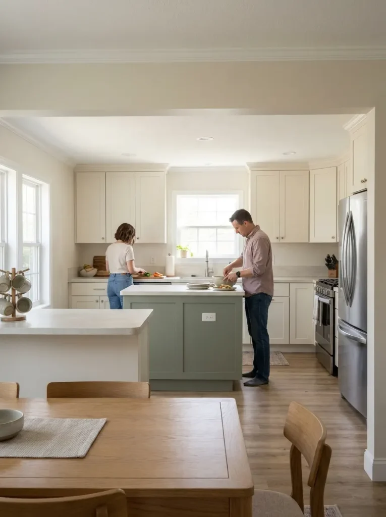 Two people preparing food at separate perimeter and island workstations in a double wide kitchen.