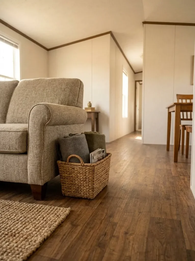 Functional thrifted basket holding throws beside a sofa while keeping the mobile home walkway clear.