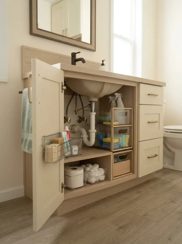 Under-sink bathroom storage arranged around visible plumbing inside a compact mobile home vanity.