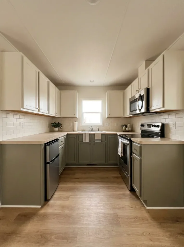 Compact U-shaped mobile home kitchen with warm white upper cabinets and muted olive lower cabinets balancing visual weight.