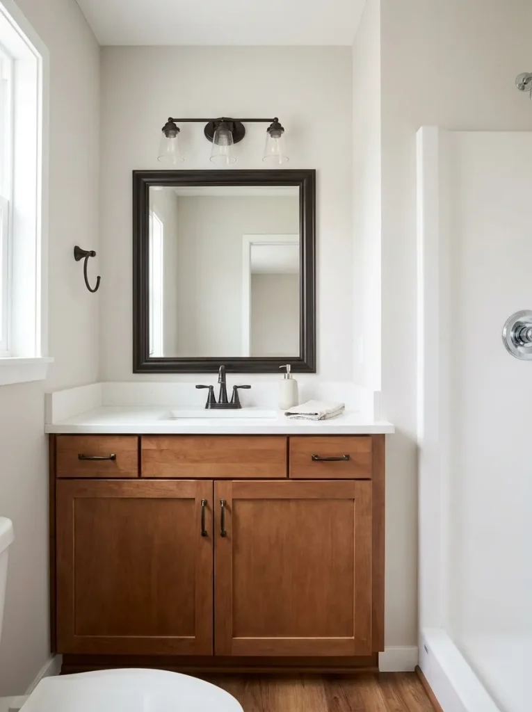 Coordinated dark vanity hardware with one distant chrome shower fitting in a mobile home bathroom.
