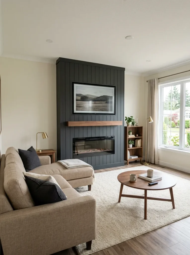 Mobile home living room with television and fireplace visually unified on one dark focal wall.