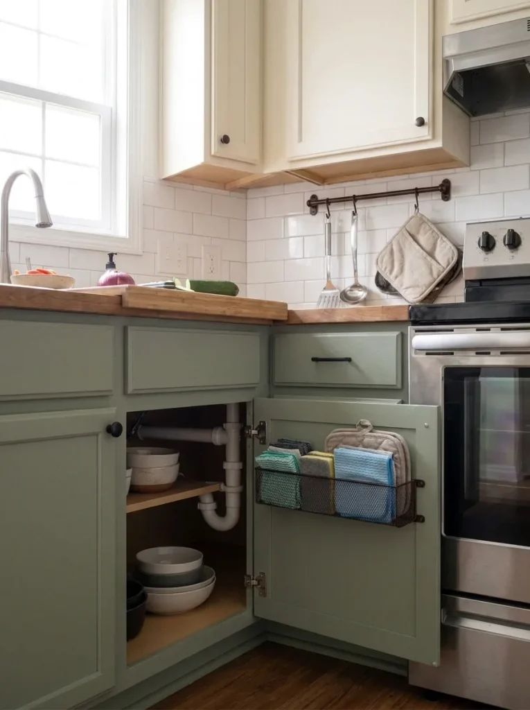 Open lower cabinet showing a shallow organizer on the inside of the door with clear space between the organizer and cabinet shelves.