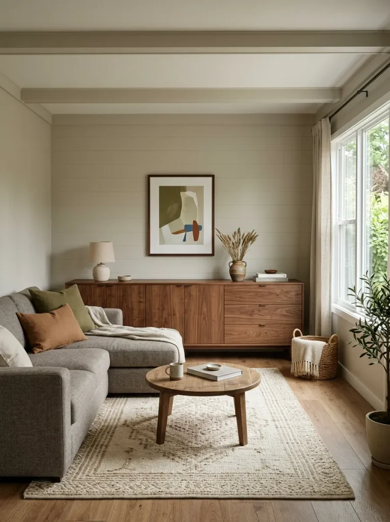 Mobile home living room with one long low closed cabinet providing storage while leaving the upper wall visually calm.