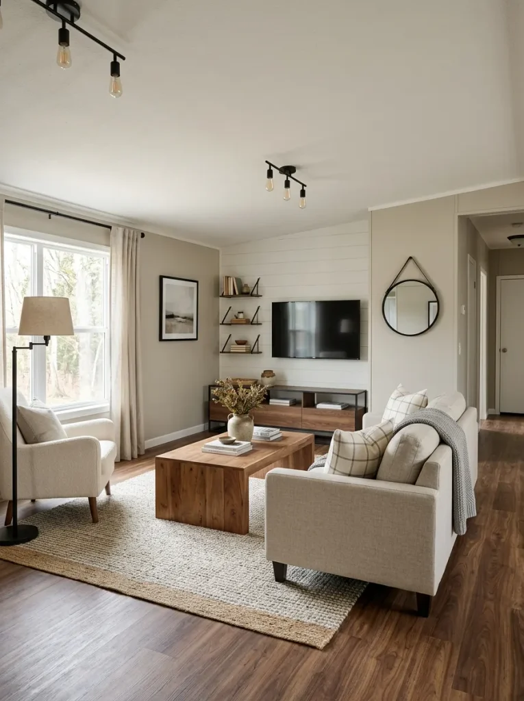 Edited modern-farmhouse mobile home living room using warm wood, black accents and relaxed textiles without excessive themed dé