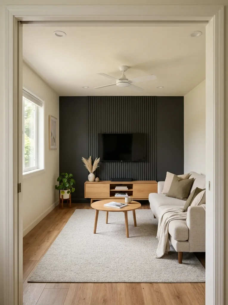 Small mobile home living room with one dark charcoal TV wall and restrained light finishes throughout the rest of the room.