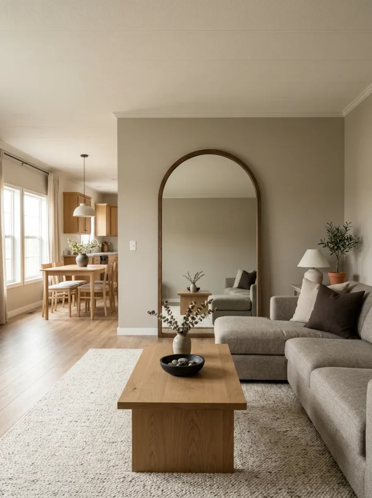 Double-wide living room organized around one oversized arched mirror with smaller decor kept visually secondary.