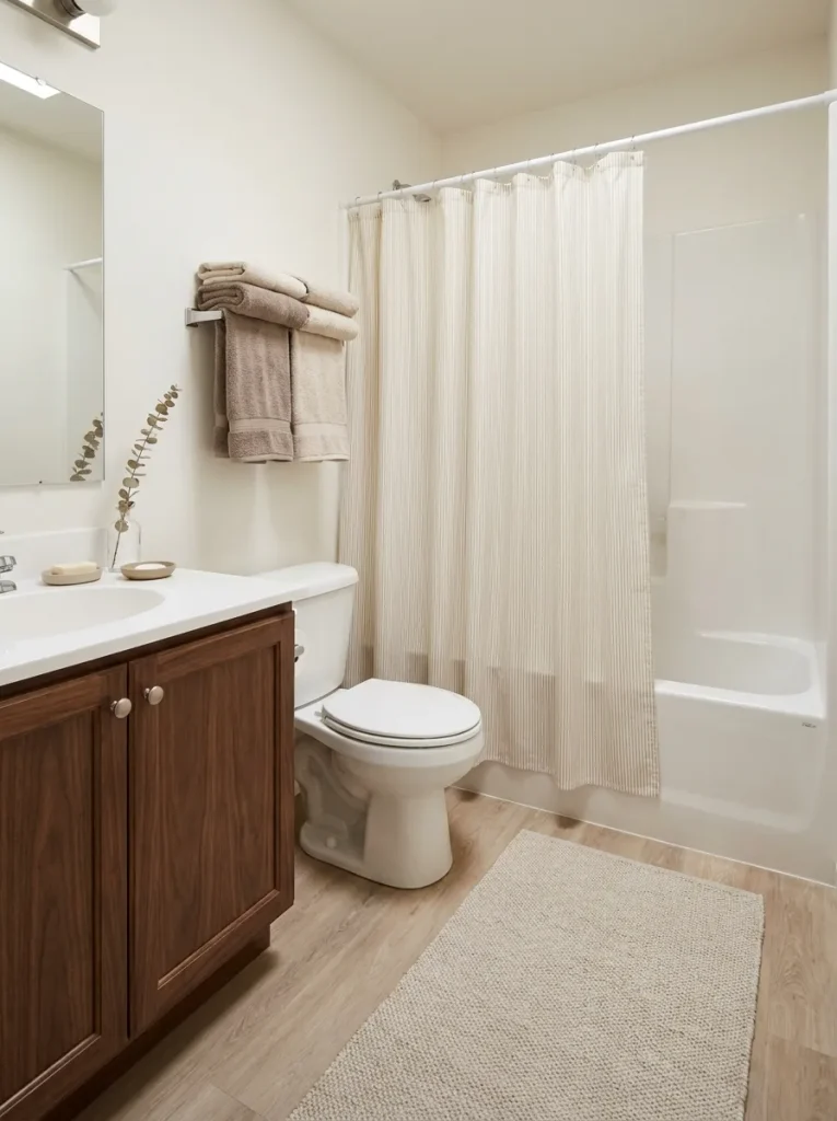 Neutral fall mobile home bathroom using one fine mushroom-and-cream stripe while the remaining textiles stay mostly soli
