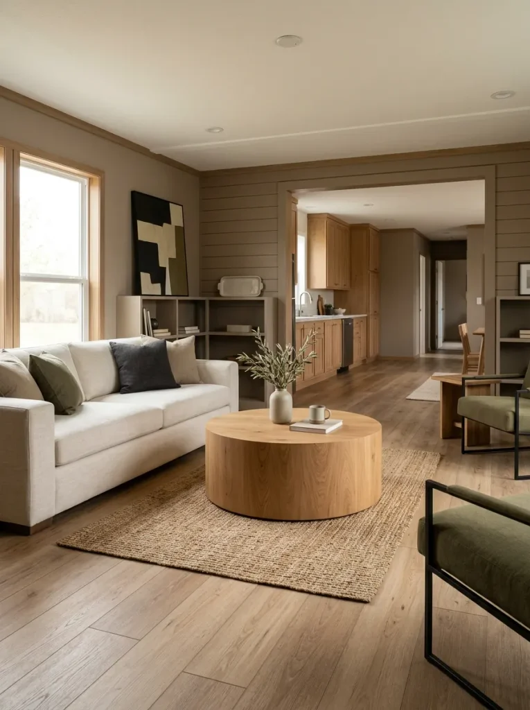 Round coffee table softening the long straight furniture and flooring lines of a double-wide living room.