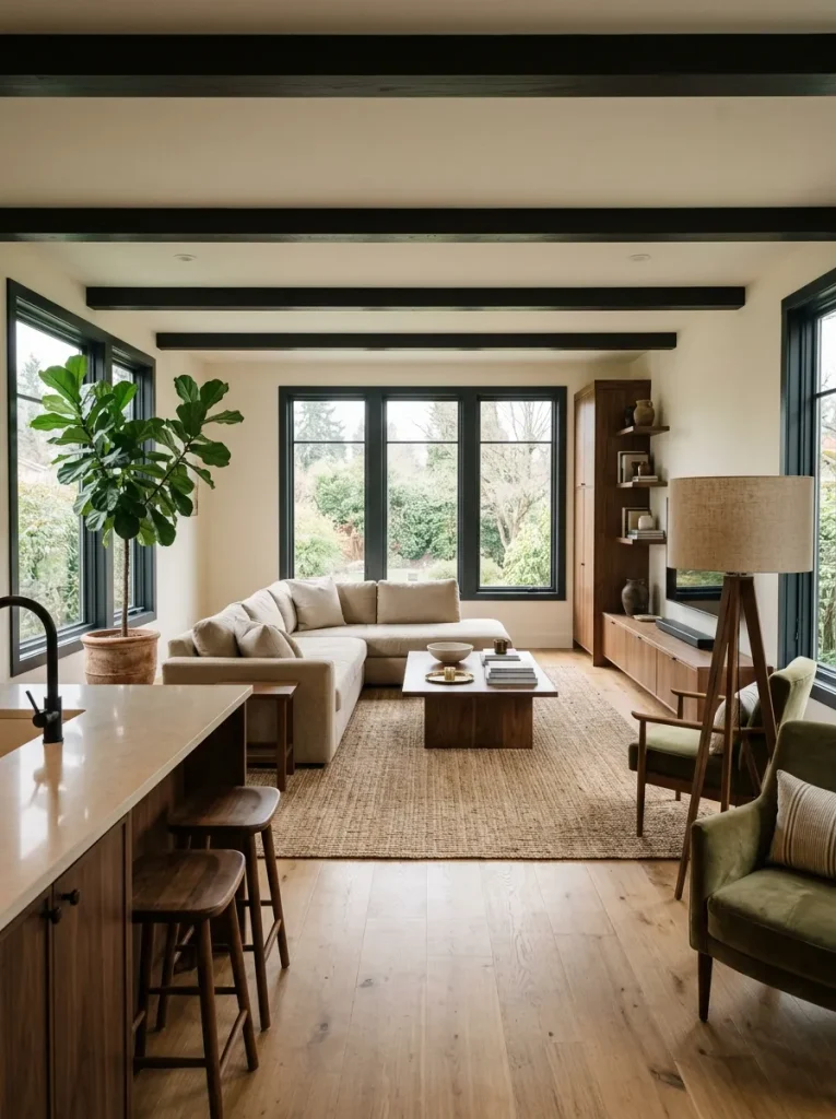 Wide double-wide living room balanced by two substantial related objects at opposite edges while the center remains calm