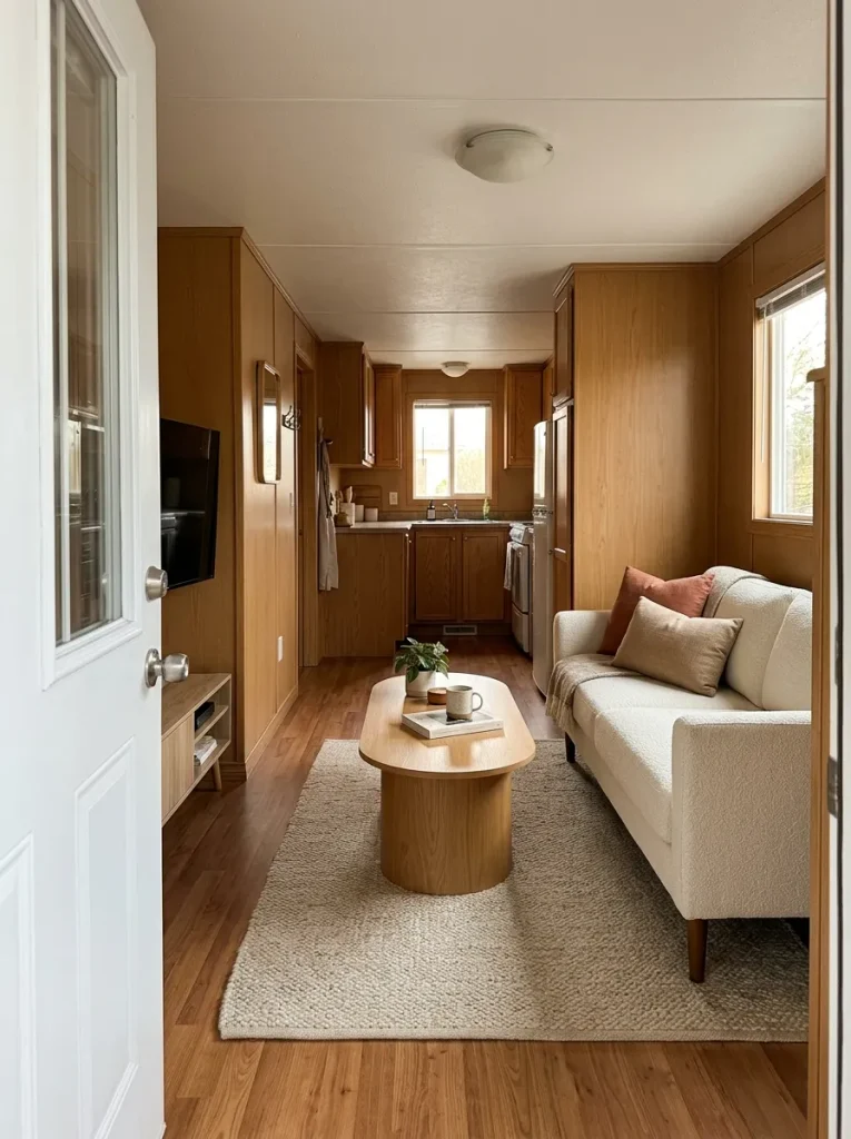 Narrow mobile home living room with an oval coffee table clearing a tight walking route beside the sofa.