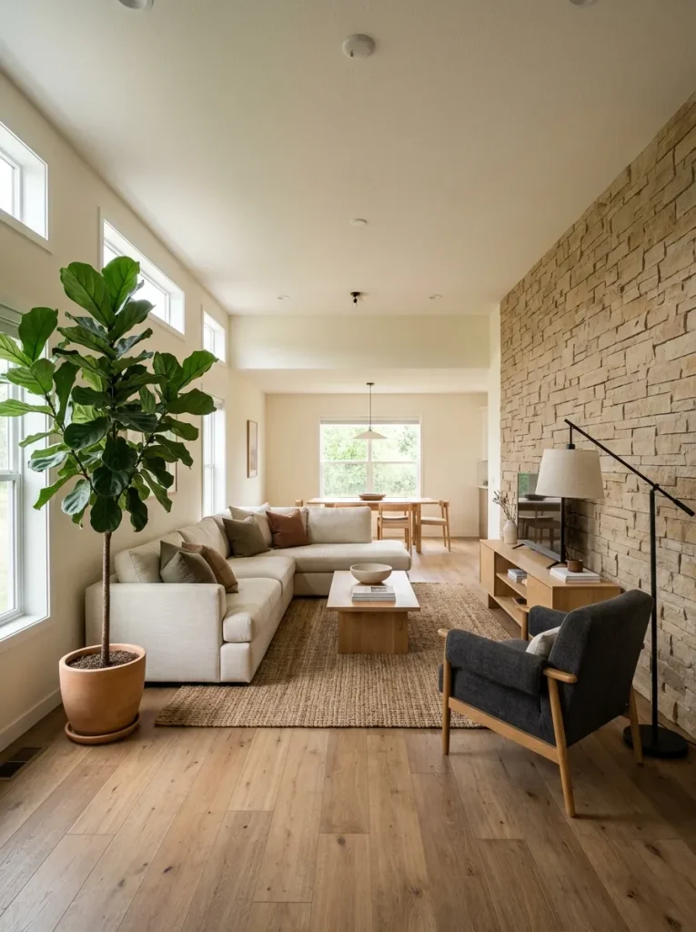 Tall plant and slim floor lamp finishing two corners while low furniture keeps the room open.